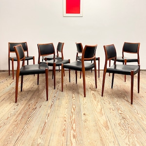 Mid century teak dining chairs with papercord seats by Niels O. Møller for J.L. Moller, Model 80, Set of 8, Denmark, 1950s