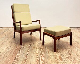 Senator Lounge Sessel and Ottoman by Ole Wanscher for Poul Jeppensen, High Backrest with Stool, Mid Century Modern Danish Design, 1950s