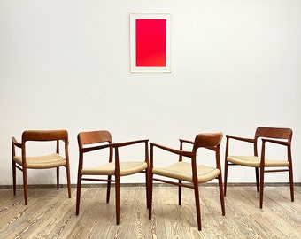 Mid century teak dining chairs with armrests by Niels O. Møller for J.L. Moller, Model 56, Set of 4, Denmark, 1950