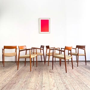 Sedie da pranzo con braccioli in teak di metà secolo di Niels O. Møller per J.L. Moller, modello 57 con seduta in corda di carta, set da 6, Danimarca, anni '50