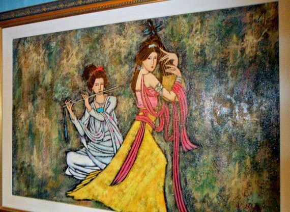 Vintage 1960s Musical Women Canvas Oil Painting, Decorative Frame