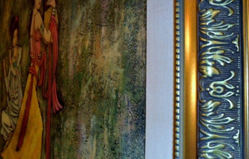 May include: An artistic painting featuring figures in flowing robes, rendered in warm tones of yellow, red, and gold. The artwork is framed with a decorative gold and dark blue frame, adding an elegant touch to the piece.
