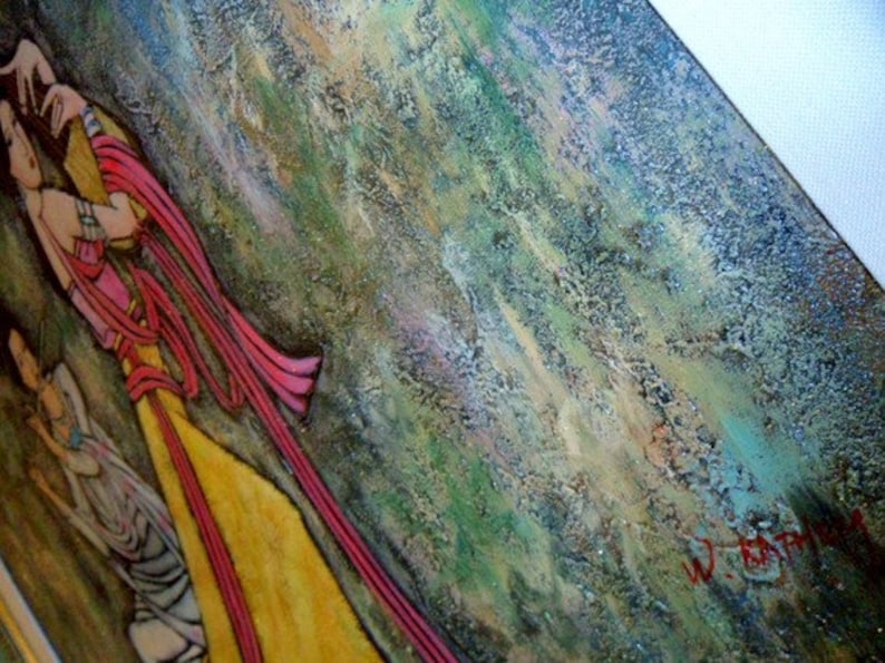 May include: An abstract painting featuring figures in flowing gowns with long pink ribbons. The figures are set against a textured background of green, blue, and brown hues. The artist's signature is visible in the lower right corner.