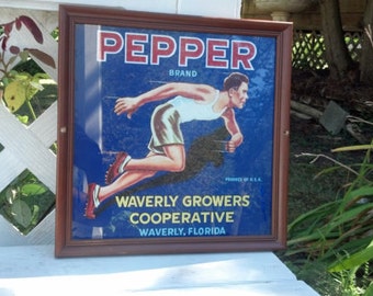 Vintage Pepper Brand Citrus Fruit Label Framed 1940s