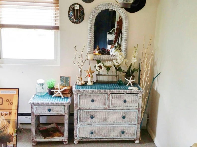 Vintage Shabby Chic Wicker Furniture Set With Dresser Night Stand And Mirror