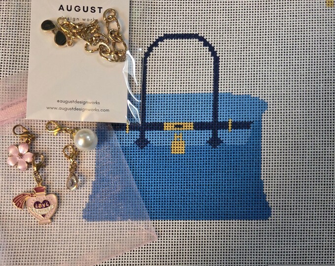 Blue Bougie Charm Bag plus chain eyeglass charm and charms shown. 8x8 canvas size 4x4 design 18 mesh Handpainted Canvas. New. Free Shipping.
