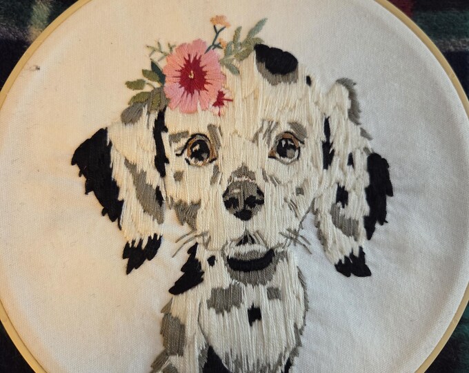 Dalmation Handmade Embroidered Picture in 8inch Hoop with Felt Backing. Free Shipping. Some glue markings on back.
