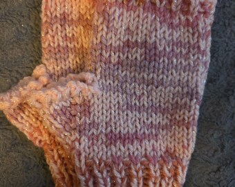 Handmade Knit Adult 7.5 inch Fingerless Gloves. Acrylic Yarn. Peach Stripes. FREE Shipping. Fold ends to adjust length.
