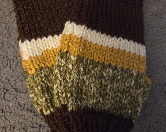 Handmade Knit Adult Small or Kids Large Fingerless Gloves. Acrylic Yarn. Brown, Green, Yellow. FREE Shipping. Fold ends to adjust length.