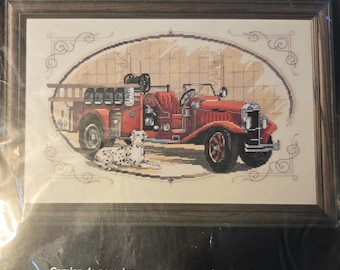 Bucilla Fire Engine Counted Cross Stitch Kit. FREE SHIPPING. Older Condition.