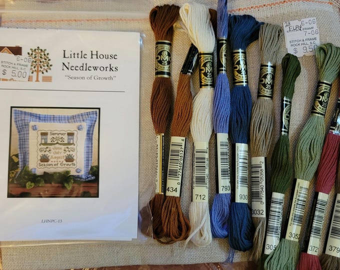 Little House Needleworks Season of Growth Cross Stitch Pattern including 28 ct Fabric and Floss (dmc 931, not included) FREE SHIPPING.
