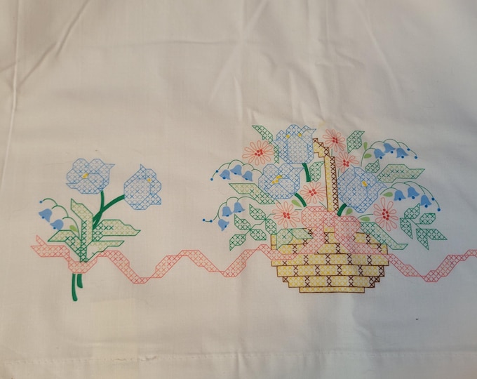 Stamped Cross Stitch Pair of Pillowcases Flower Basket. FREE SHIPPING. Older Condition.