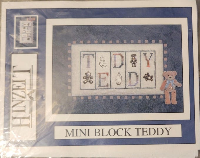 Hinzeit Mini Block Teddy Cross Stitch Pattern. Embellishments not included. Some floss included. FREE SHIPPING.