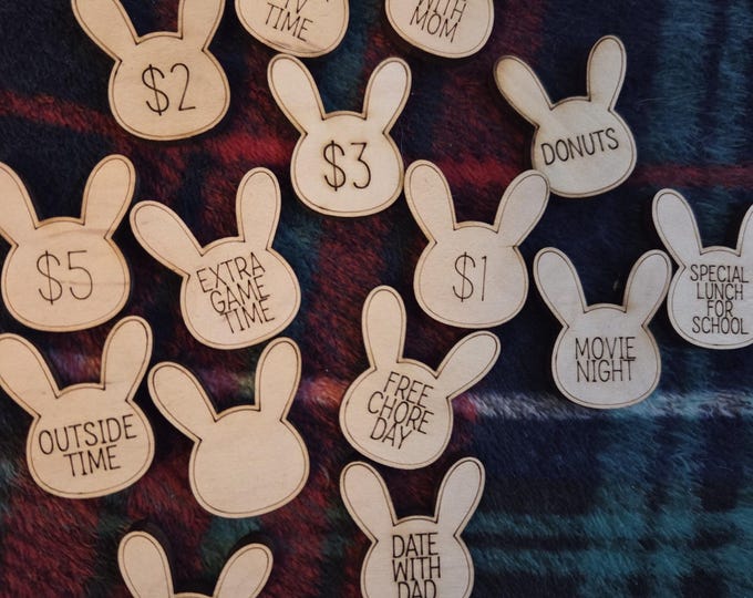 Easter Egg Tokens. Bunny Shape. Set of 16 wooden tokens that can be used to fill plastic Easter eggs. Free Shipping.