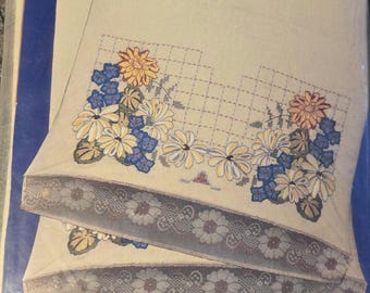 Betsy Ross Needlecraft Two Pillowcases Country Floral. FREE SHIPPING. Older Condition