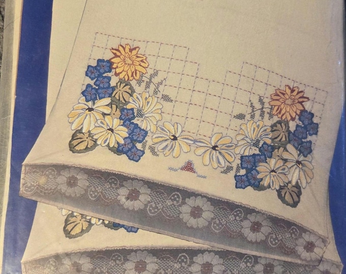 Betsy Ross Needlecraft Two Pillowcases Country Floral. FREE SHIPPING. Older Condition