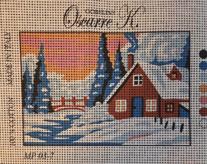 Snowy Cottage Printed Needlepoint Canvas 8x6 Gobelins Oscarre K. Free Shipping.