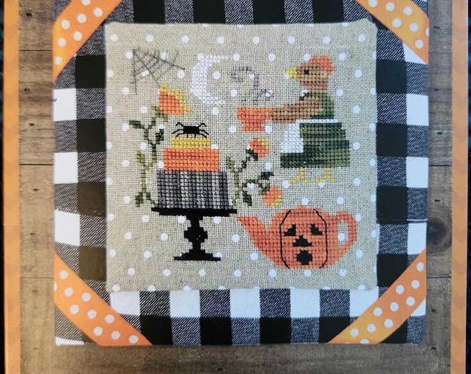 Tiny Modernist Hen's Halloween Tea Cross Stitch Pattern. Free Shipping. Good Condition.