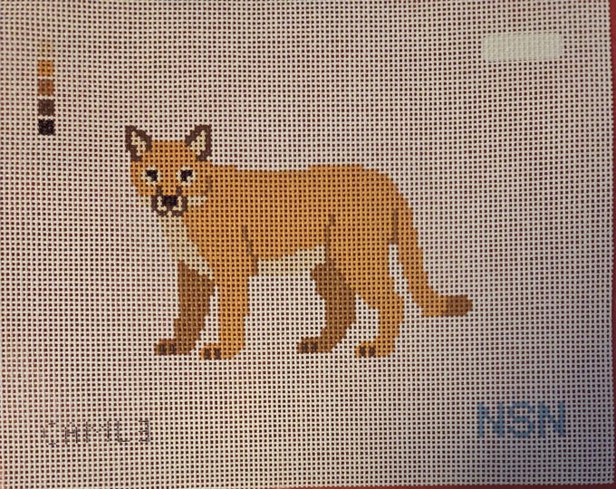Mountain Lion Painted Needlepoint Canvas 5.3"x3.6"  finished size #13 mesh. New Condition. Free Shipping.