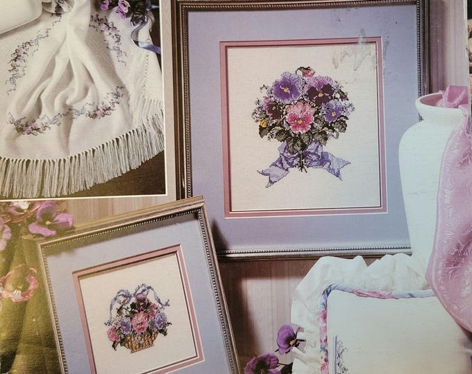 Vintage Leisure Arts Sweet Pansies Cross Stitch Pattern. Free SHIPPING.