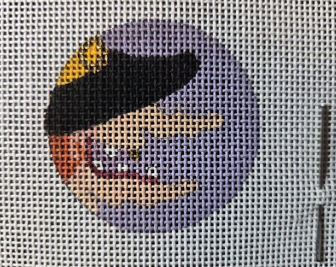 Halloween Witch Mini Round Needlepoint Canvas.  18 Mesh 2" Mini Round. Preowned Estate Sale Like New Condition. Free Shipping.