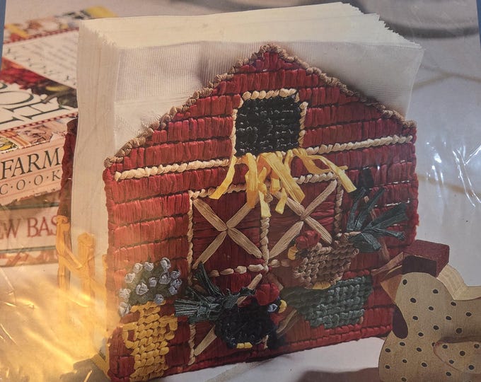Bucilla Raffia Point Country Barn Napkin Holder Plastic Canvas Kit FREE SHIPPING. Older Condition.