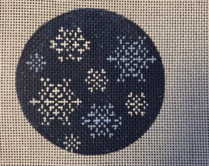 Alice Peterson Snowflakes On Blue Needlepoint Canvas With Threads 13# 4" Round. Preowned Estate Sale Good Condition.