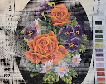 Grafitec Rose and Pansies Oval Needlepoint Canvas 7" x 9.5". Older Condition. Free Shipping.