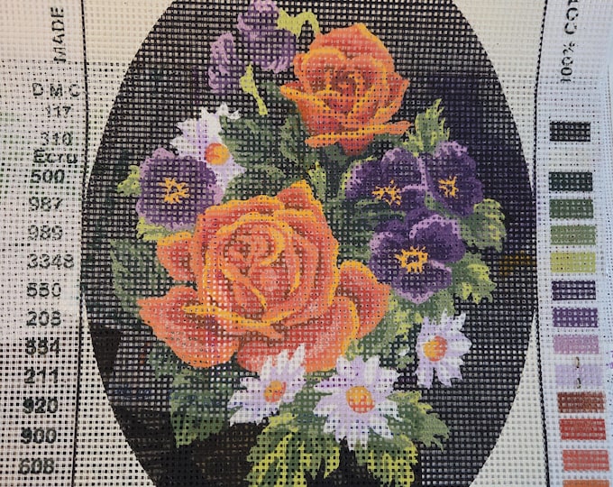 Grafitec Rose and Pansies Oval Needlepoint Canvas 7" x 9.5". Older Condition. Free Shipping.