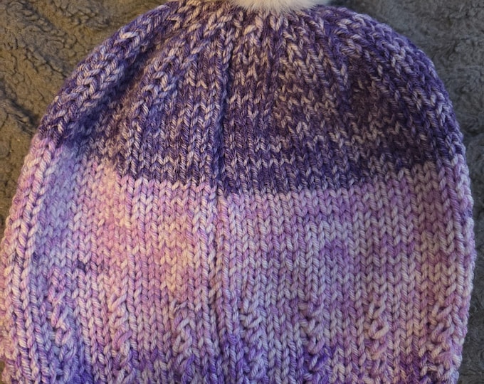Handmade Knit Hat Adult Size Acrylic Yarn. Purple Color with White PomPom. FREE Shipping.