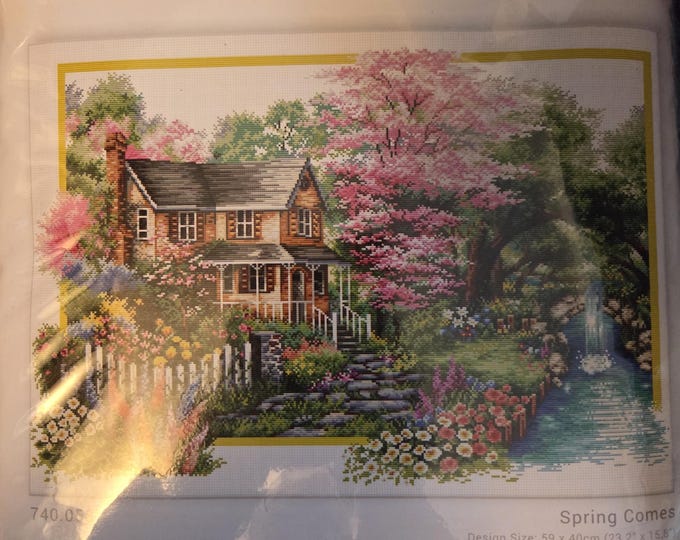 Needleart World Spring Comes No Count Cross Stitch Kit With Color Printed Background. FREE SHIPPING. Good Condition.