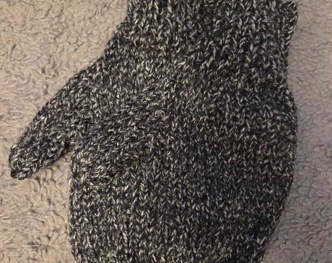 Handmade Knit Adult Small or Kids Large Mittens. Acrylic Yarn. Black wirh White Variegated. FREE Shipping.