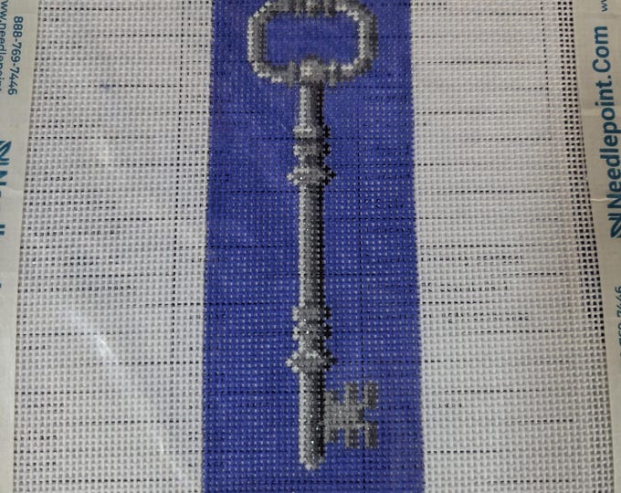 Kirk & Bradley Blue Key Needlepoint Canvas with thread.  18 Mesh 2"x5". Preowned Estate Sale Like New Condition.