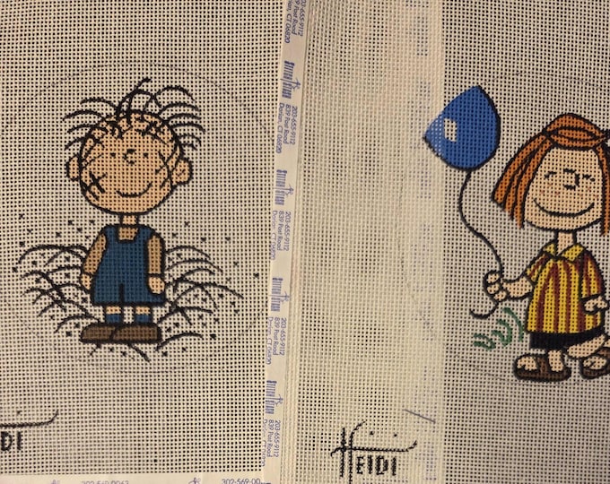 Heidi Two Character Needlepoint Canvases With Threads 18# 4.25" Round. Preowned Estate Sale Good Condition.