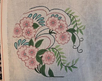 Pink Flowers Handpainted Needlepoint Canvas Preowned Good Condition. Free Shipping.