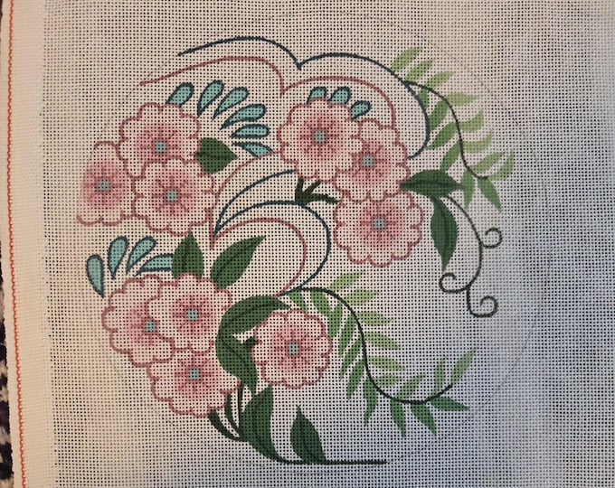 Pink Flowers Handpainted Needlepoint Canvas Preowned Good Condition. Free Shipping.