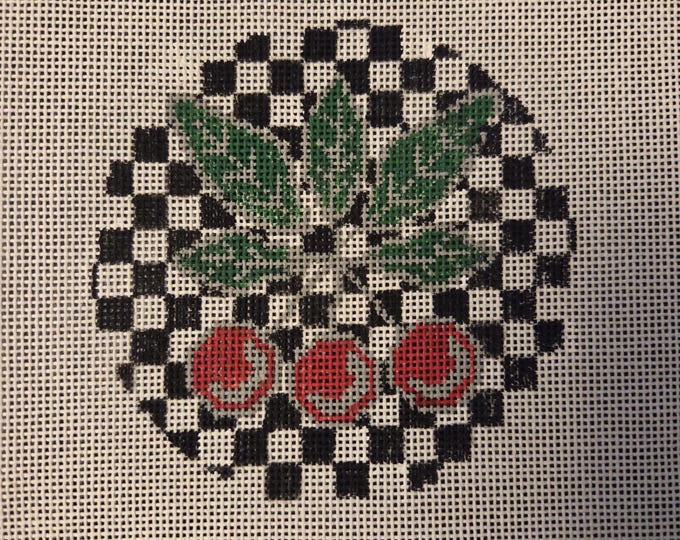Checkered Cherries Needlepoint Canvas 18# 4" Round. Preowned Estate Sale Like New Condition. Free Shipping.