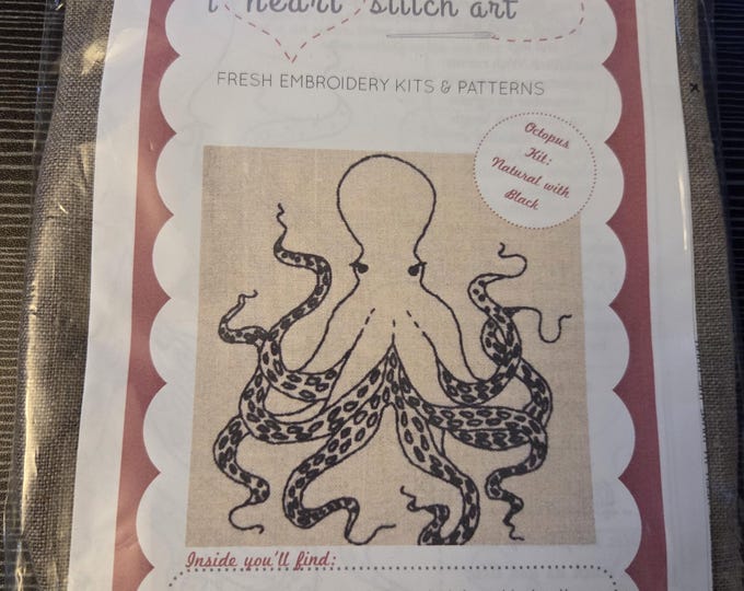 I Heart Stitch Art Octopus Embroidery Kit. FREE SHIPPING. Estate Sale Preowned Like New Condition.