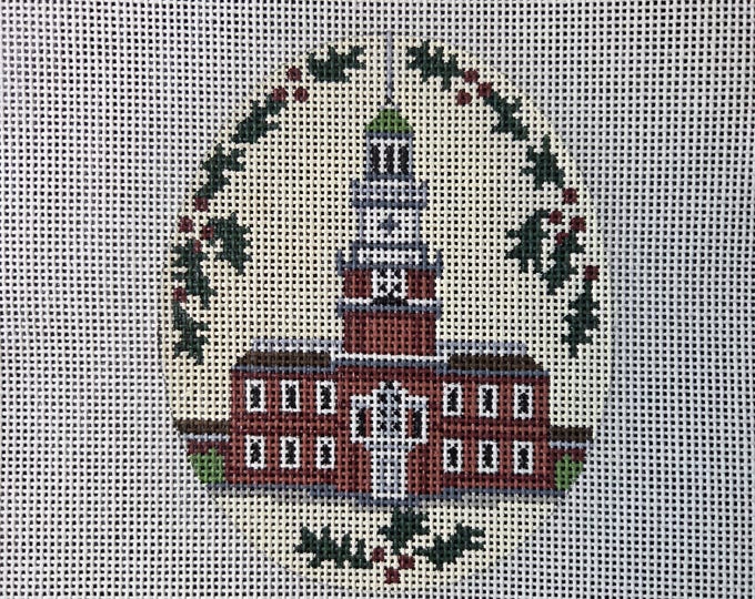 Barbara Russell Independence Hall with Holly Needlepoint Canvas 18# 4.5"x3.5". Preowned Estate Sale Good Condition. Free Shipping.