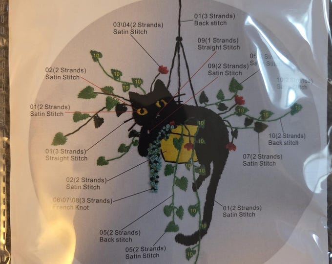 Embroidery Stitches Cat in Hanging Plant JD101 Counted Cross Stitch Kit. FREE SHIPPING. New Condition. Hoop Included.