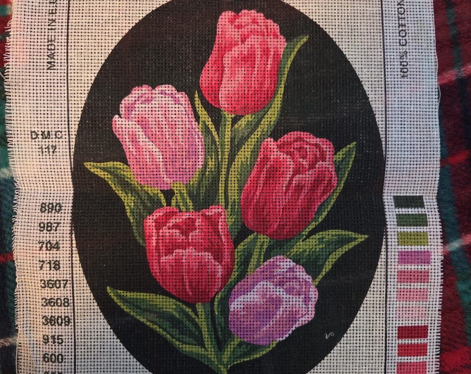 Collection D’Art Tulips Oval Needlepoint Canvas 7" x 9.5". Older Condition. Free Shipping.