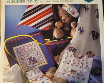 Vintage Charles Craft Anchors Away Teddy Bears and Sailboats. Cross Stitch Pattern Book.