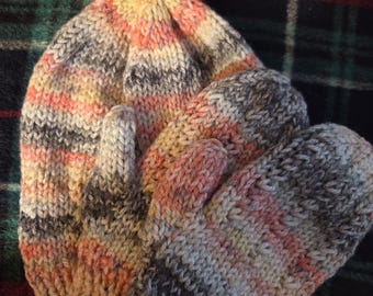 Handmade Knit Hat and Mitten Set Kids Large Size Acrylic Yarn. Pink and Gray Stripe Color with Pink PomPom. FREE Shipping.