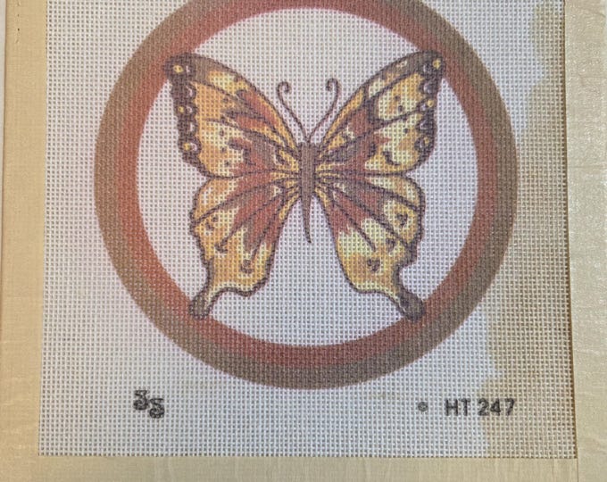 Brown Butterfly Needlepoint Canvas 7" x 7". Older Condition with Staining. Free Shipping.