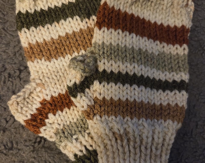 Handmade Knit Kids Medium Fingerless Gloves. Acrylic Yarn. Brown, Green, Yellow. FREE Shipping. Fold ends to adjust length.