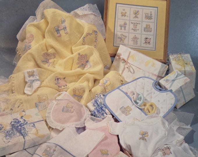 Sue Hillis Baby Shower Cross Stitch Pattern - FREE SHIPPING. Preowned Used Older Condition.