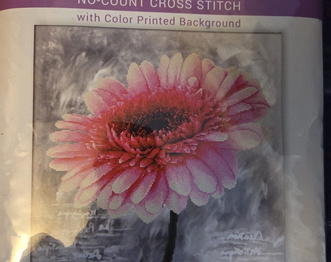 Needleart World Pink Dahlia No Count Cross Stitch Kit With Color Printed Background. FREE SHIPPING. Good Condition.