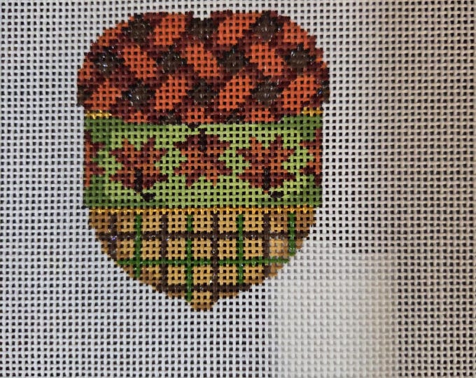 Fall Leaves Stripe Plaid Cap Mini Acorn Needlepoint Canvas 18# 2.75"x2.25". Preowned Estate Sale Good Cond.