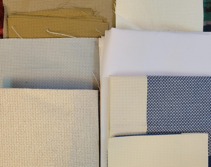Grab Bag of Cross Stitch Fabrics. Various colors, types, sizes and counts. Preowned. Free Shipping. Misc Bag Lot 1.