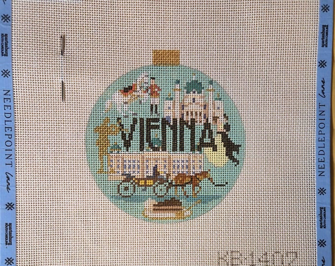 Kirk & Bradley Vienna Travel Round 4" Ornament Needlepoint Canvas. New Preowned Condition. Free Shipping.